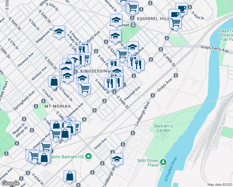 map of restaurants, bars, coffee shops, grocery stores, and more near 5358 Woodland Avenue in Philadelphia