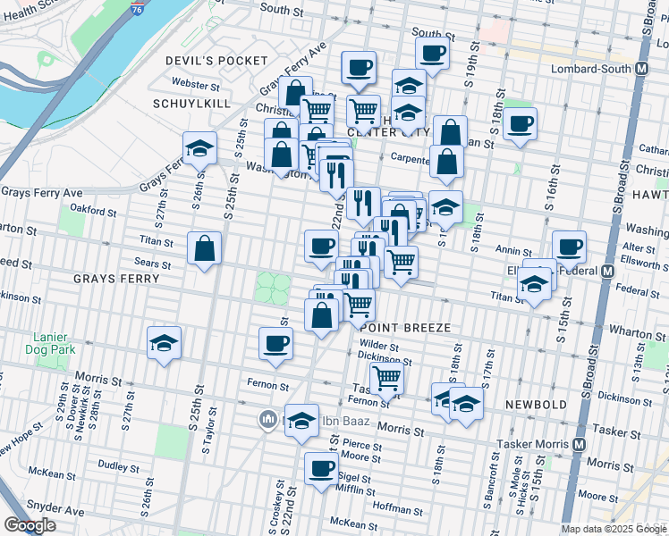map of restaurants, bars, coffee shops, grocery stores, and more near 1253 South 22nd Street in Philadelphia