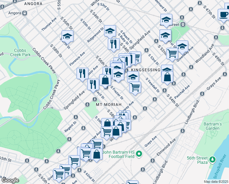 map of restaurants, bars, coffee shops, grocery stores, and more near 1736 South Frazier Street in Philadelphia