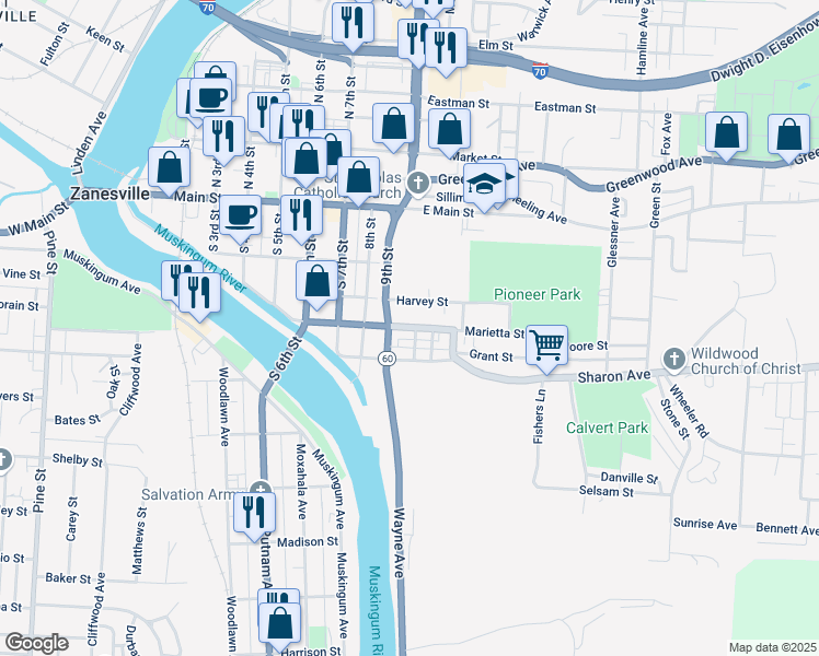 map of restaurants, bars, coffee shops, grocery stores, and more near 920 Marietta Street in Zanesville