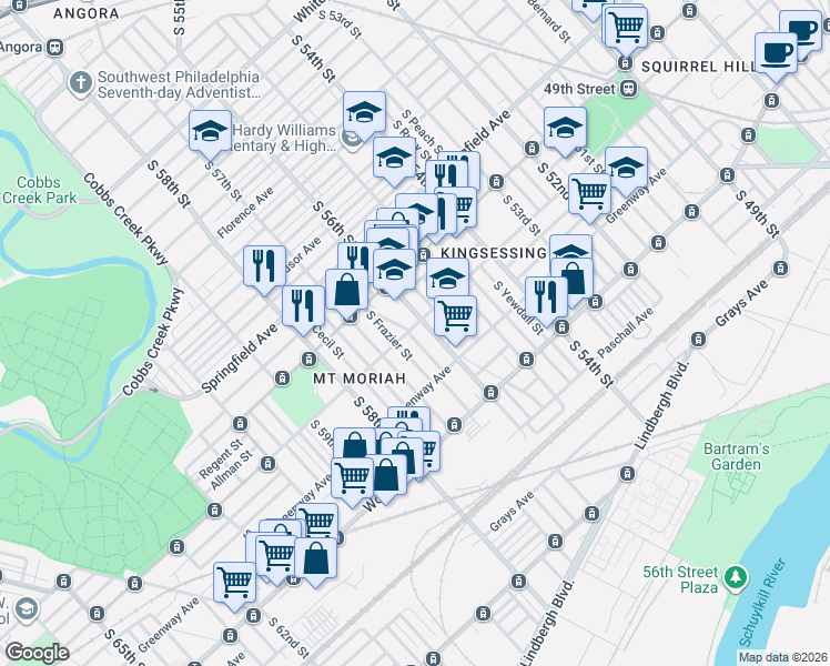 map of restaurants, bars, coffee shops, grocery stores, and more near 1901 South Ithan Street in Philadelphia