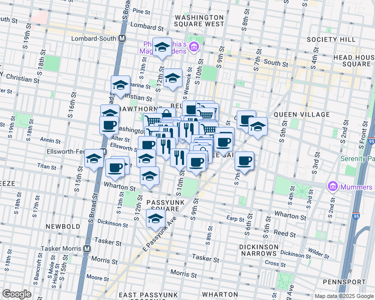 map of restaurants, bars, coffee shops, grocery stores, and more near 1113 South 10th Street in Philadelphia