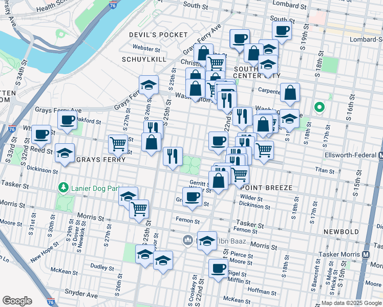 map of restaurants, bars, coffee shops, grocery stores, and more near 2323 Wharton Street in Philadelphia