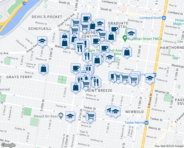 map of restaurants, bars, coffee shops, grocery stores, and more near 1234 Point Breeze Avenue in Philadelphia