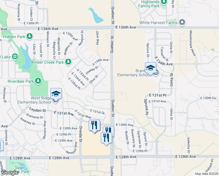 map of restaurants, bars, coffee shops, grocery stores, and more near 16033 Columbine Street in Thornton
