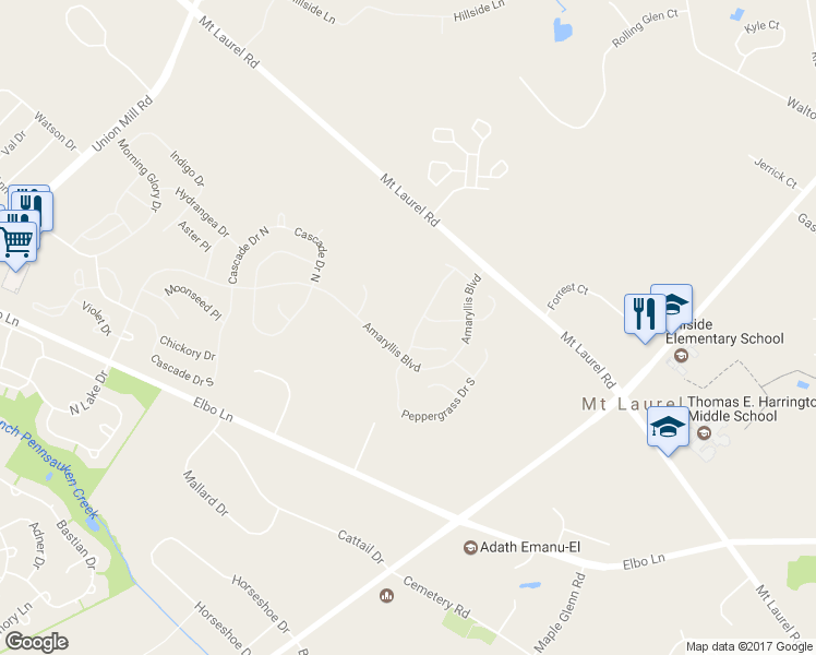 map of restaurants, bars, coffee shops, grocery stores, and more near 47 Peppergrass Drive North in Mount Laurel Township