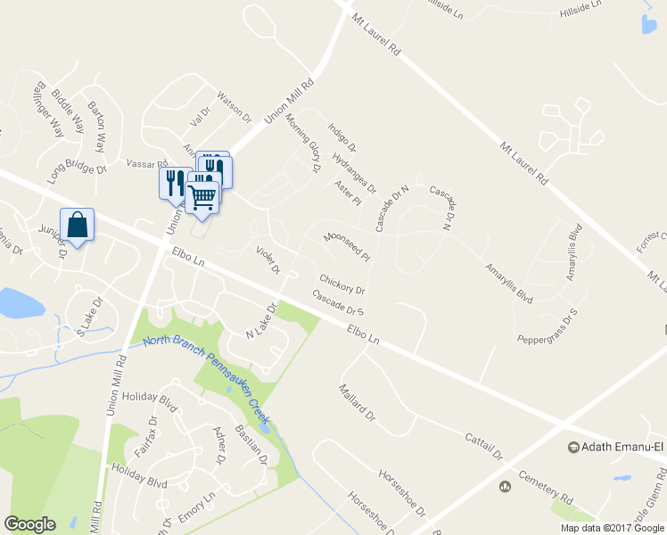 map of restaurants, bars, coffee shops, grocery stores, and more near 418 Elderberry Court in Mount Laurel