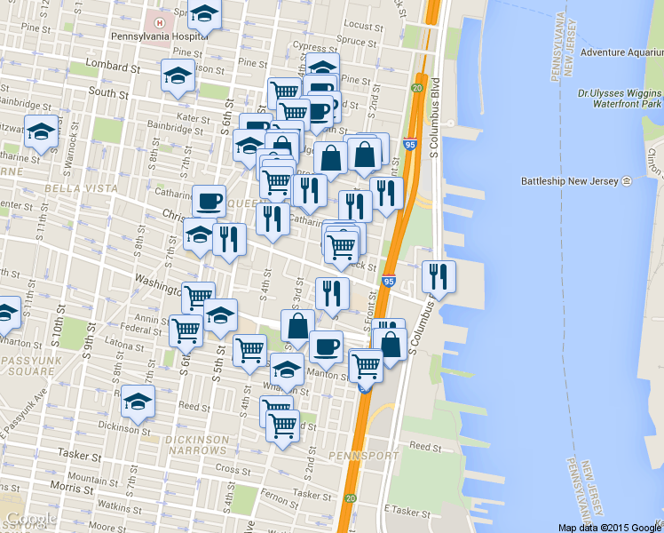 map of restaurants, bars, coffee shops, grocery stores, and more near 852 South 2nd Street in Philadelphia