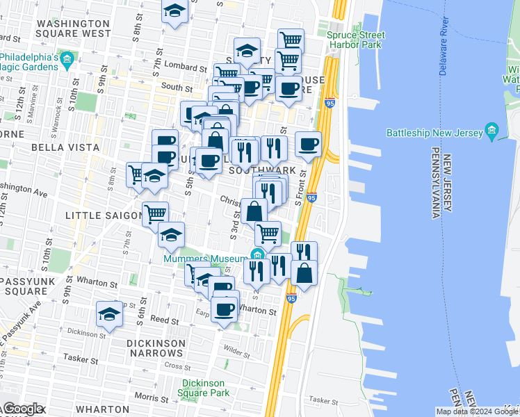 map of restaurants, bars, coffee shops, grocery stores, and more near 852 South 2nd Street in Philadelphia