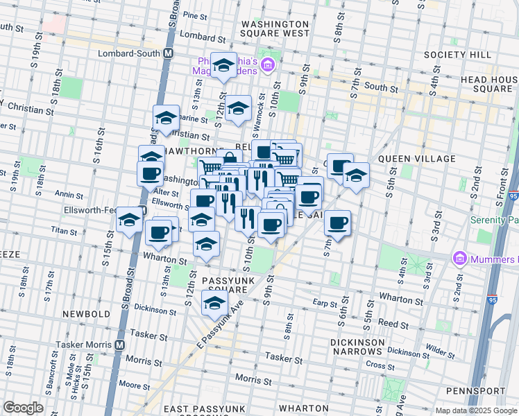 map of restaurants, bars, coffee shops, grocery stores, and more near 1113 South 10th Street in Philadelphia