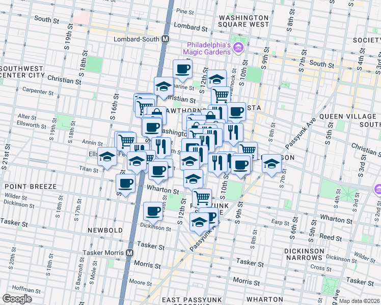 map of restaurants, bars, coffee shops, grocery stores, and more near 1202 Ellsworth Street in Philadelphia