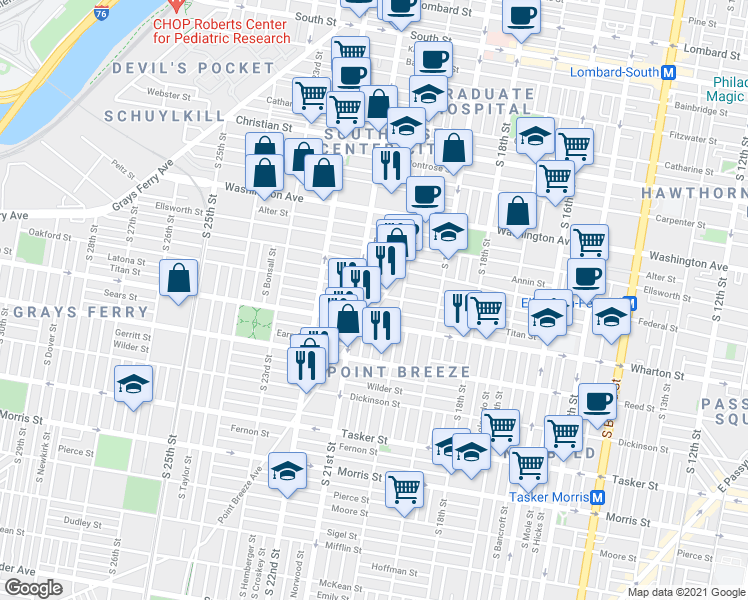 map of restaurants, bars, coffee shops, grocery stores, and more near 2042 Titan Street in Philadelphia