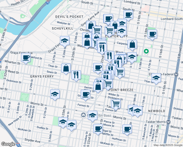 map of restaurants, bars, coffee shops, grocery stores, and more near 2233 Wharton Street in Philadelphia