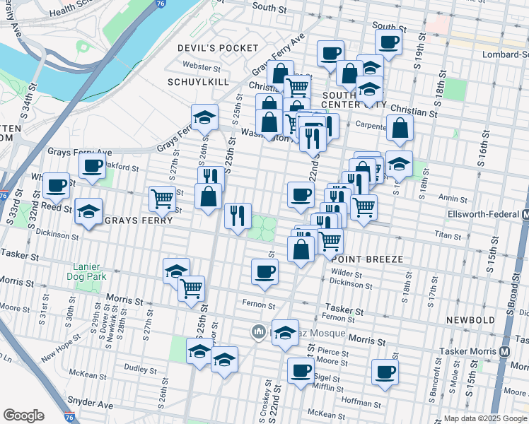 map of restaurants, bars, coffee shops, grocery stores, and more near 2337 Wharton Street in Philadelphia