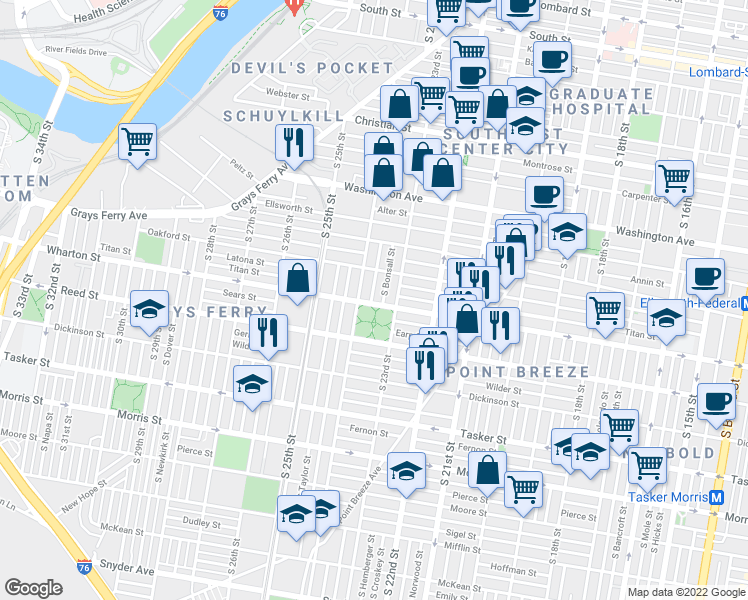 map of restaurants, bars, coffee shops, grocery stores, and more near 2337 Wharton Street in Philadelphia