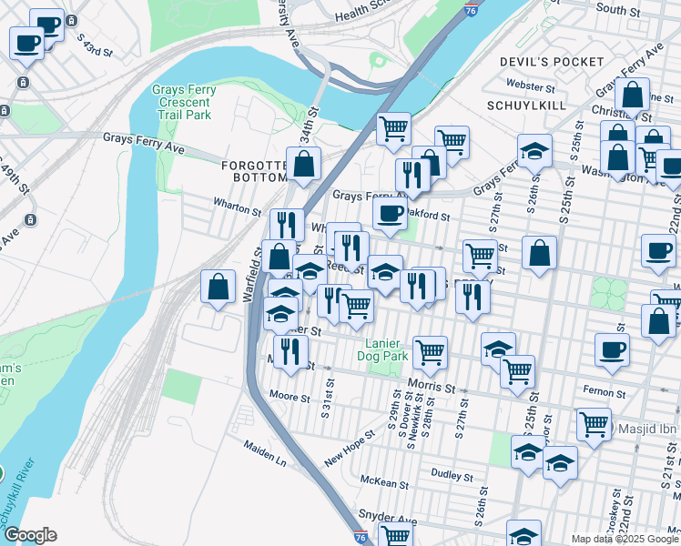 map of restaurants, bars, coffee shops, grocery stores, and more near 1425 South Patton Street in Philadelphia