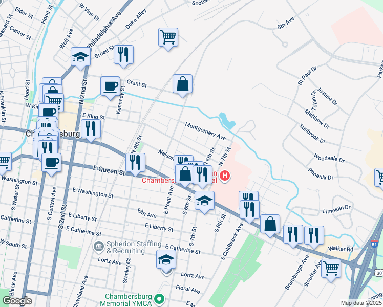 map of restaurants, bars, coffee shops, grocery stores, and more near 568 East King Street in Chambersburg