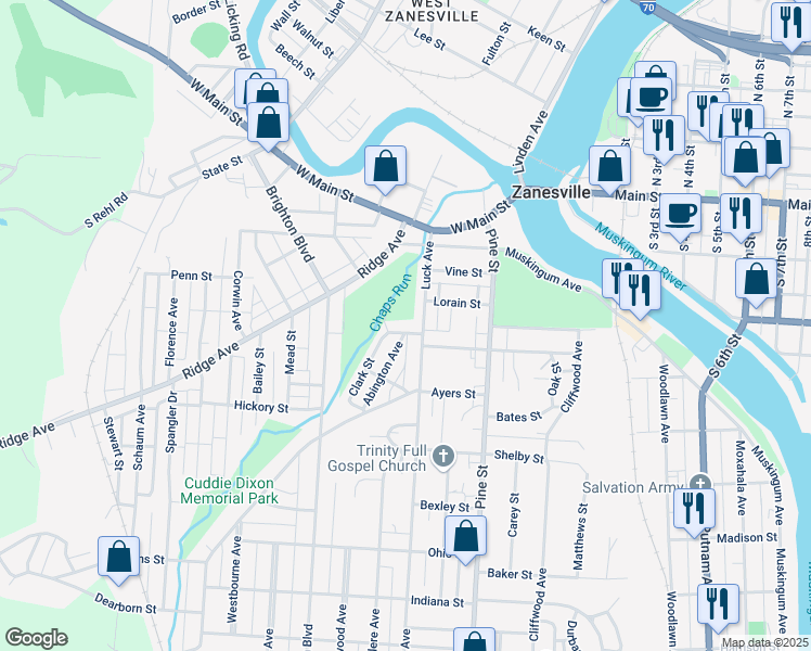 map of restaurants, bars, coffee shops, grocery stores, and more near 249 Luck Avenue in Zanesville