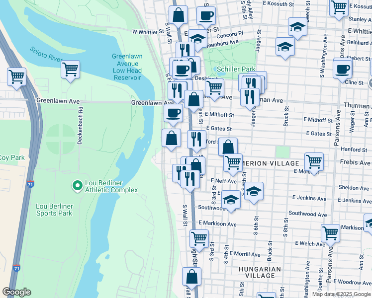 map of restaurants, bars, coffee shops, grocery stores, and more near 1269 South High Street in Columbus