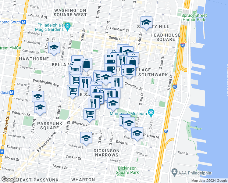 map of restaurants, bars, coffee shops, grocery stores, and more near 519 Carpenter Street in Philadelphia