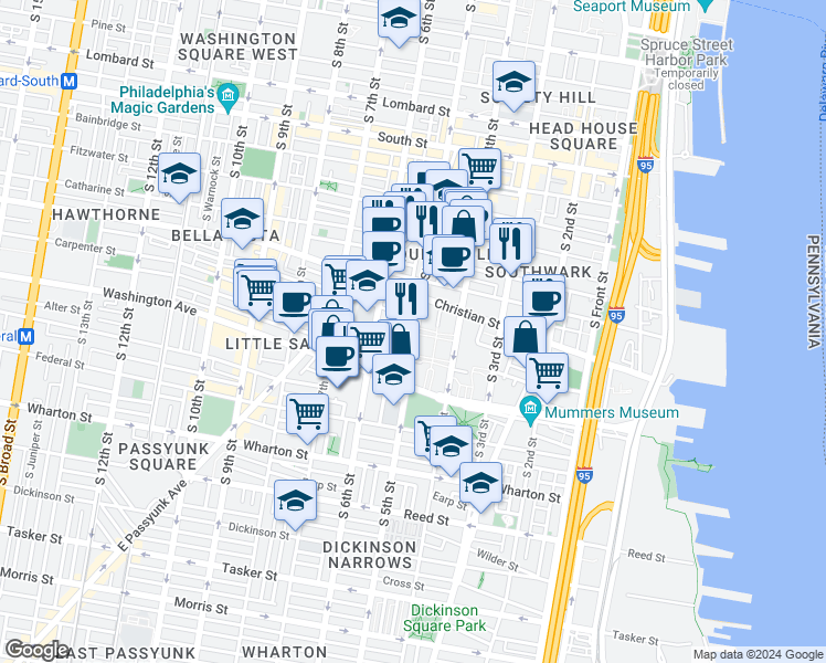 map of restaurants, bars, coffee shops, grocery stores, and more near 936 South 5th Street in Philadelphia