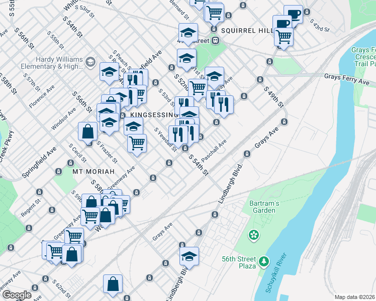 map of restaurants, bars, coffee shops, grocery stores, and more near 5358 Woodland Avenue in Philadelphia