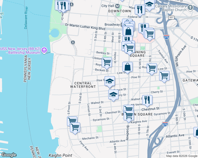 map of restaurants, bars, coffee shops, grocery stores, and more near 304 Pine Street in Camden