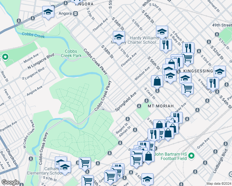 map of restaurants, bars, coffee shops, grocery stores, and more near 5926 Warrington Avenue in Philadelphia