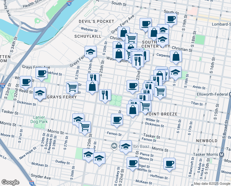 map of restaurants, bars, coffee shops, grocery stores, and more near 2327 Wharton Street in Philadelphia