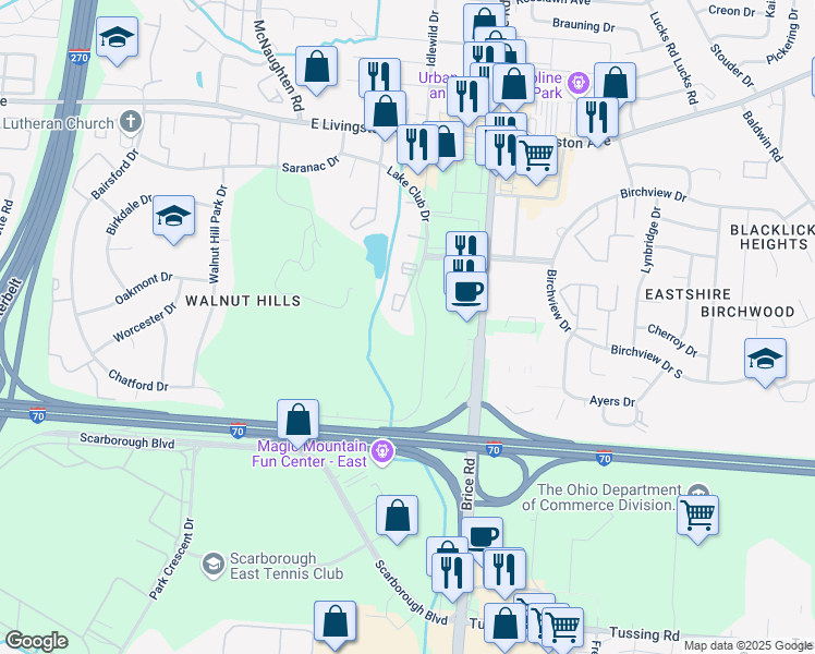 map of restaurants, bars, coffee shops, grocery stores, and more near 2211 Lake Club Drive in Columbus