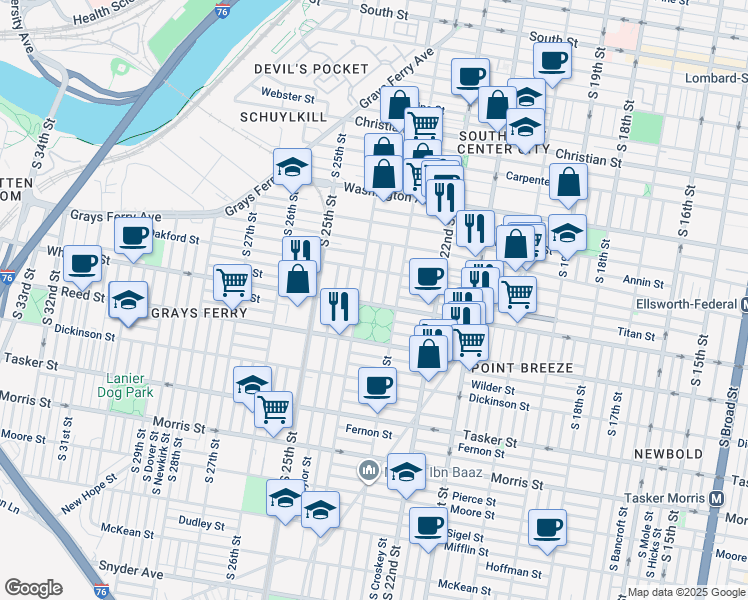 map of restaurants, bars, coffee shops, grocery stores, and more near 2327 Wharton Street in Philadelphia
