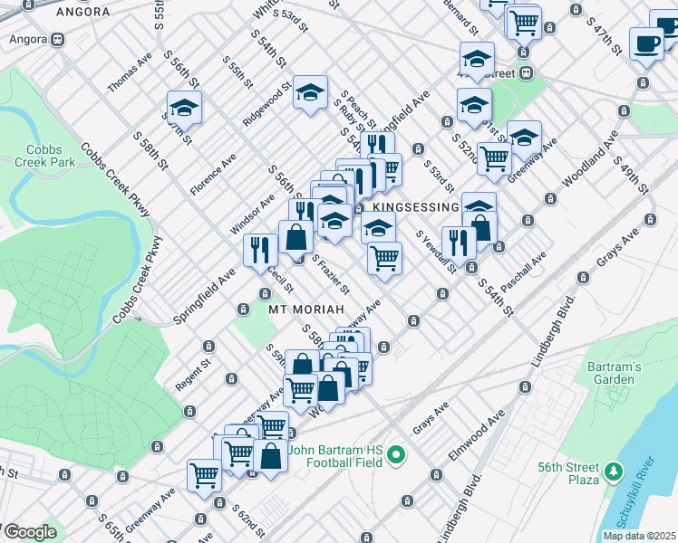 map of restaurants, bars, coffee shops, grocery stores, and more near 5619 Kingsessing Avenue in Philadelphia