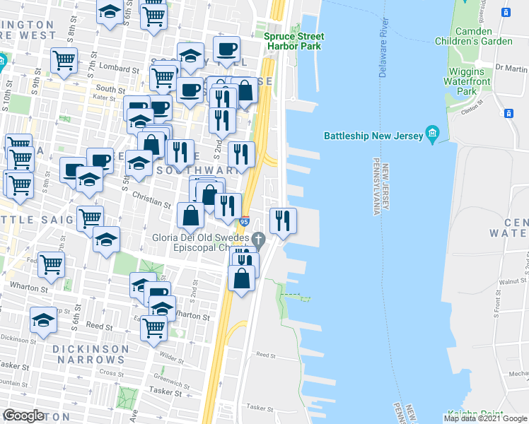 map of restaurants, bars, coffee shops, grocery stores, and more near Queen Street & South Swanson Street in Philadelphia