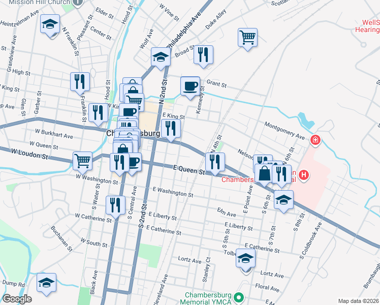 map of restaurants, bars, coffee shops, grocery stores, and more near 330 Lincoln Way East in Chambersburg