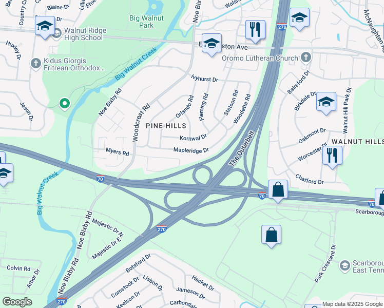 map of restaurants, bars, coffee shops, grocery stores, and more near 5233 Mapleridge Drive in Columbus