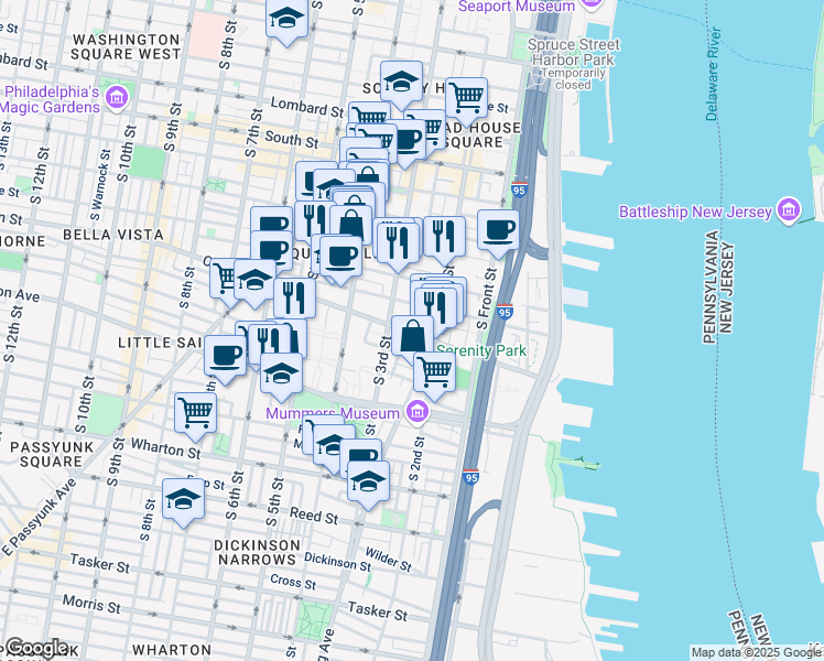 map of restaurants, bars, coffee shops, grocery stores, and more near 54 South American Street in Philadelphia