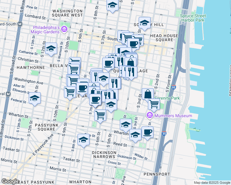 map of restaurants, bars, coffee shops, grocery stores, and more near 936 South 5th Street in Philadelphia