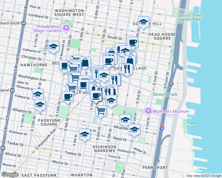 map of restaurants, bars, coffee shops, grocery stores, and more near 523 Carpenter Street in Philadelphia