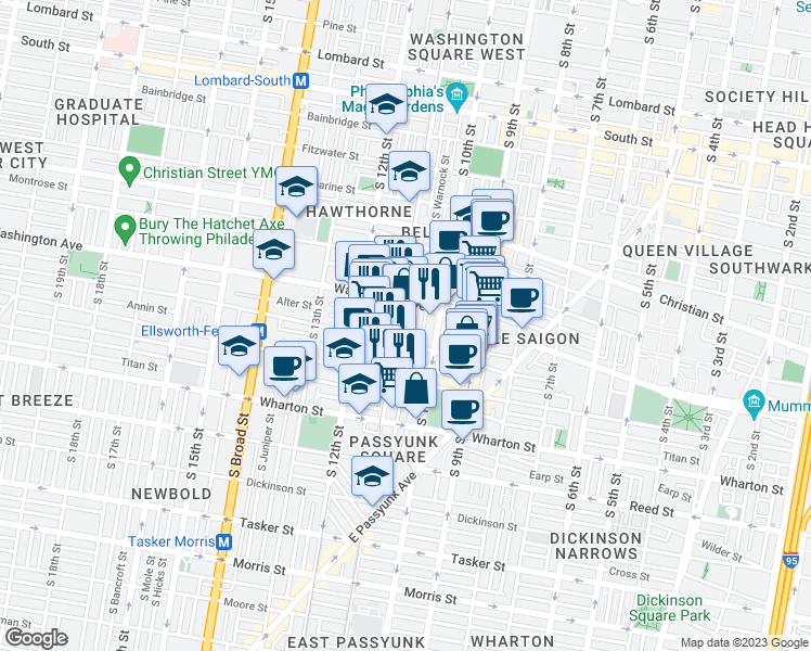 map of restaurants, bars, coffee shops, grocery stores, and more near 1125 South 11th Street in Philadelphia