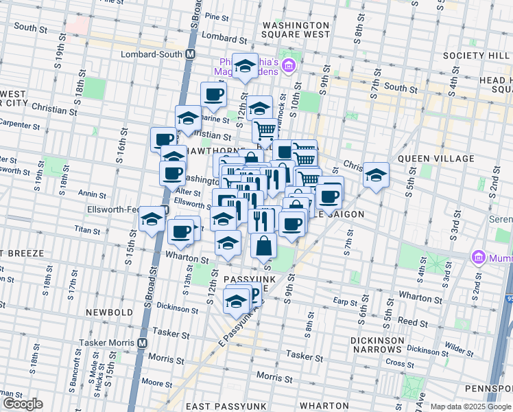 map of restaurants, bars, coffee shops, grocery stores, and more near 1125 South 11th Street in Philadelphia