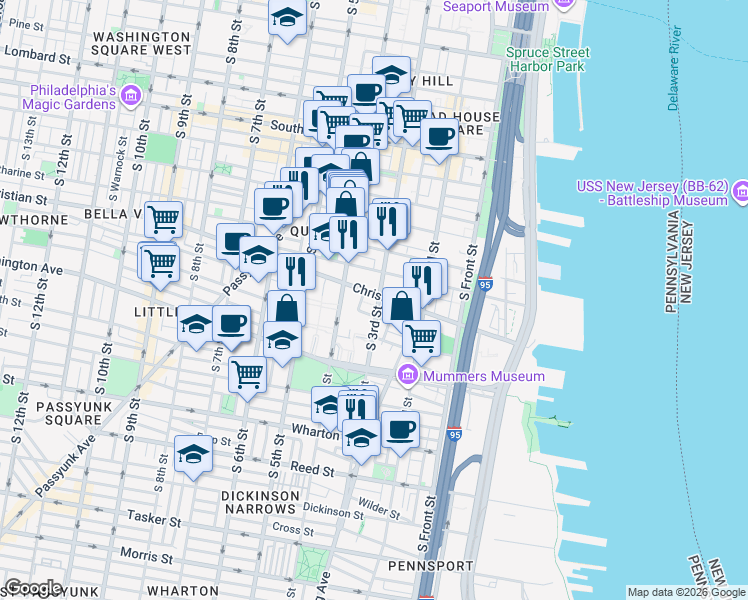 map of restaurants, bars, coffee shops, grocery stores, and more near 905 South Bodine Street in Philadelphia
