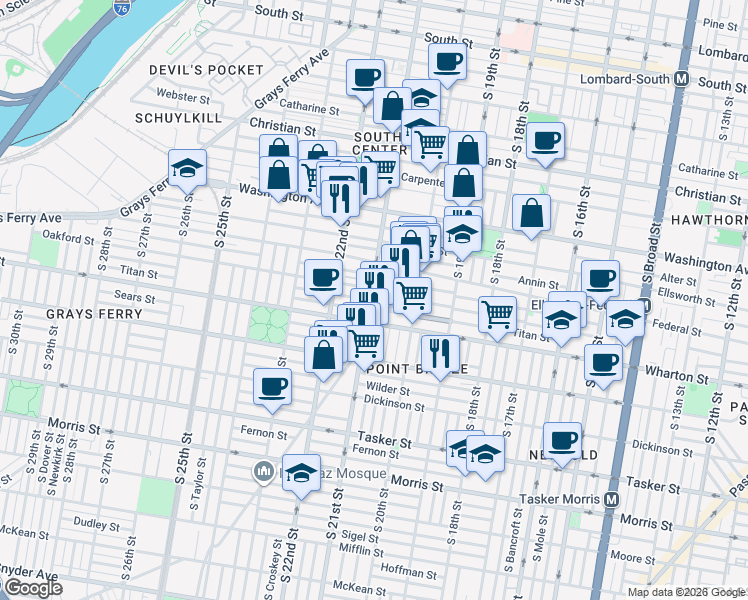 map of restaurants, bars, coffee shops, grocery stores, and more near 1241 South 21st Street in Philadelphia