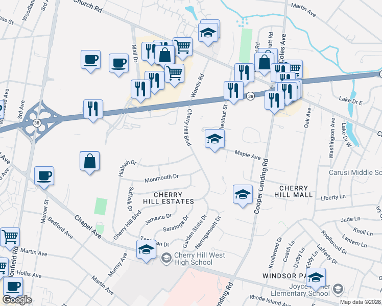 map of restaurants, bars, coffee shops, grocery stores, and more near 320 Cherry Hill Boulevard in Cherry Hill