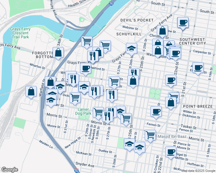 map of restaurants, bars, coffee shops, grocery stores, and more near 2741 Earp Street in Philadelphia