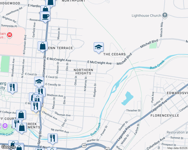 map of restaurants, bars, coffee shops, grocery stores, and more near 724 East Cecil Street in Springfield
