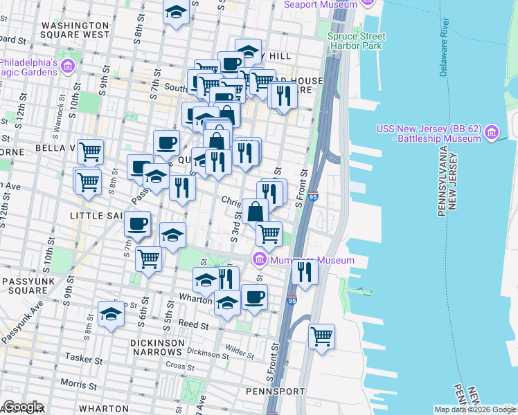 map of restaurants, bars, coffee shops, grocery stores, and more near 217 Christian Street in Philadelphia