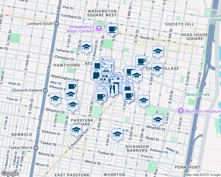 map of restaurants, bars, coffee shops, grocery stores, and more near 825 Washington Avenue in Philadelphia