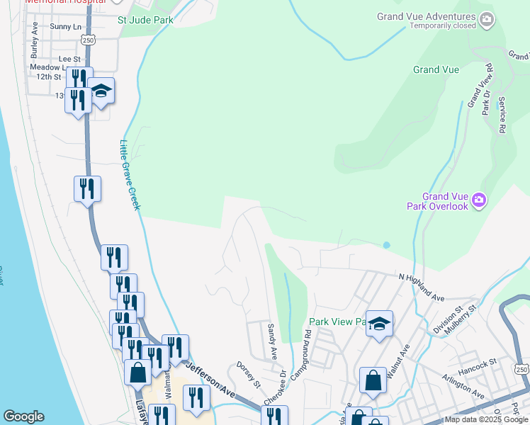 map of restaurants, bars, coffee shops, grocery stores, and more near 9 Arrowhead Dr in Moundsville