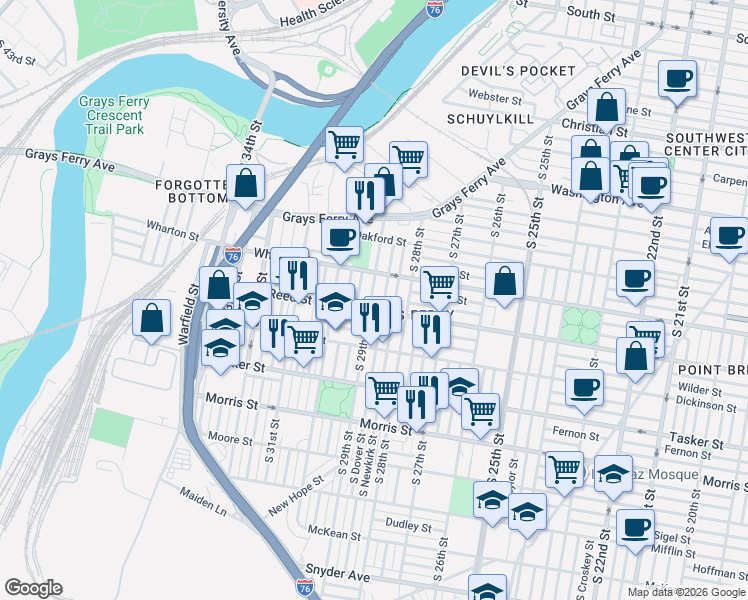 map of restaurants, bars, coffee shops, grocery stores, and more near 1339 South 29th Street in Philadelphia