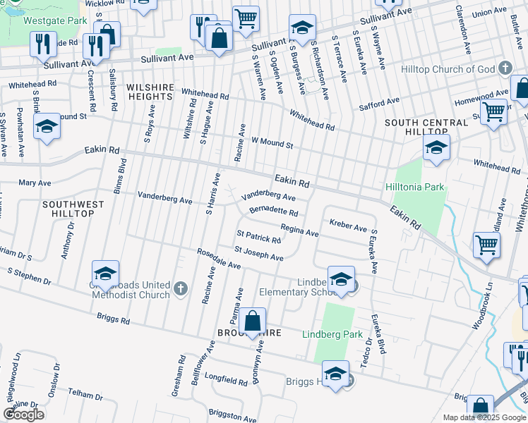 map of restaurants, bars, coffee shops, grocery stores, and more near 2721 Bernadette Road in Columbus